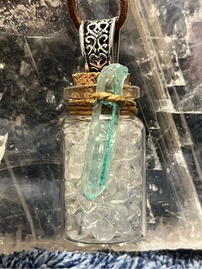 Handcrafted Clear Glass Bottle Pendant Clear Quartz with Aqua Aura Quartz